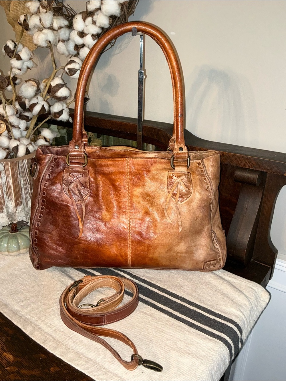Bed Stu Rockababy Leather Satchel Shoulder Bag Crossbody Cafe Latte MSRP $315